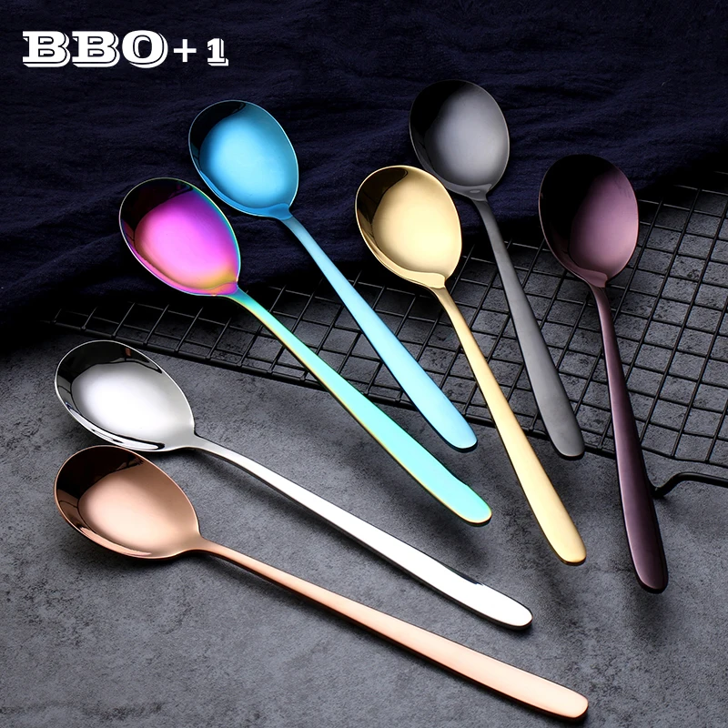 

8.2"Colorful Dinner Spoon Long Handle Tablespoons Milk Coffee Ice Scoop Black Rose Gold Mixing Teaspoon Rainbow Cutlery 2pc/6pcs