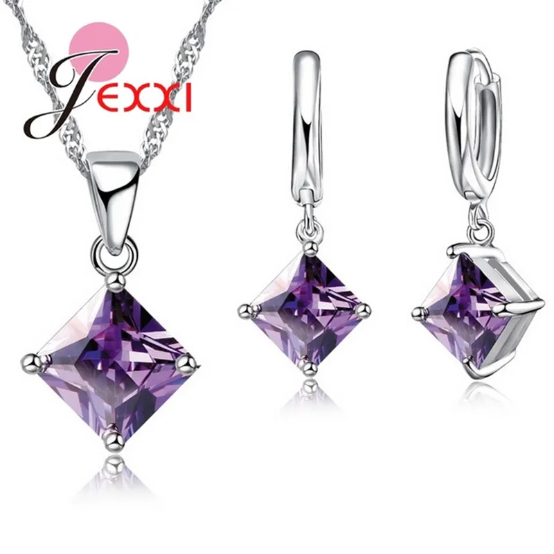 Ensemble de bijoux de mariage en argent regardé 925 pour femme, beaux pendentifs, colliers et boucles d'oreilles, ensembles de bijoux en cristal clairs et carrés, 8 couleurs