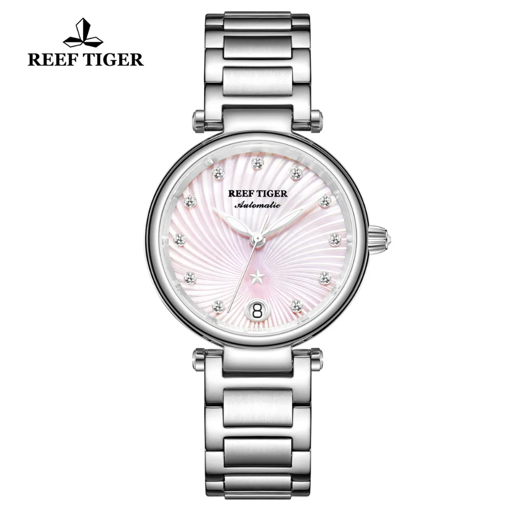 Reef Tiger/RT Brand Luxury Women Watch Stainless Steel Diamond Pink Automatic Bracelet Watches reloj mujer RGA1590