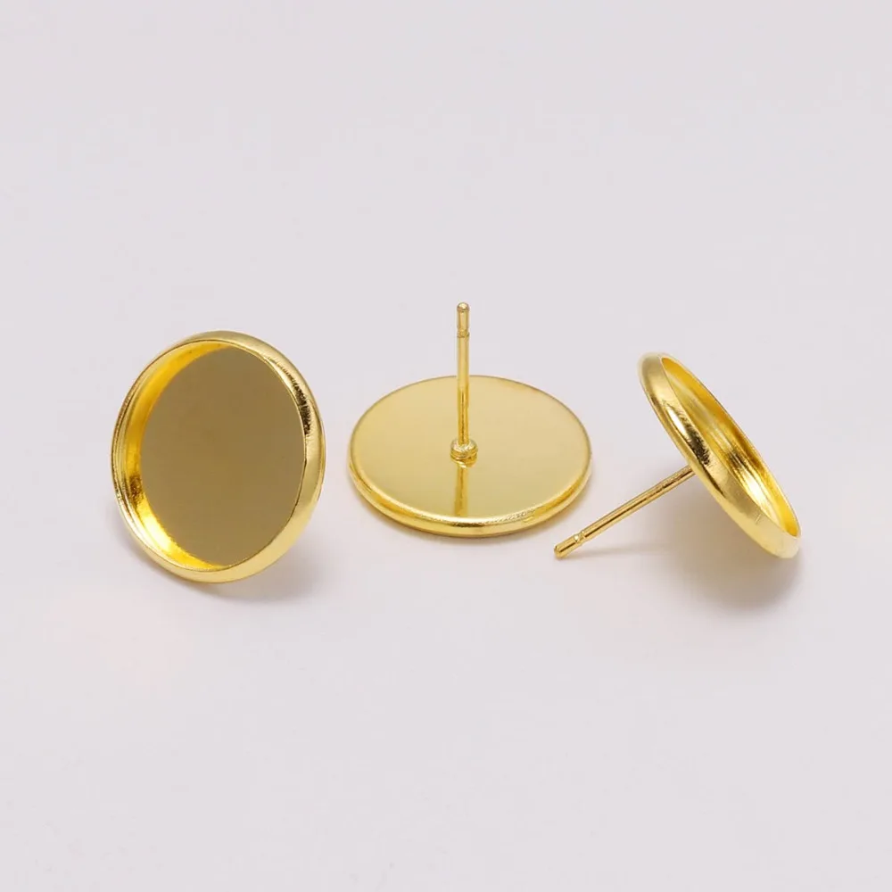 20-50pcs/lot 8 10 12 14 16 mm Gold Silve Plated Ear Stud /Earrings Cabochon Cameo Setting Blank base Vintage Diy Jewelry Making