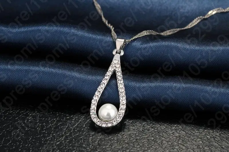 Real 925 Silver Needle Shiny CZ Crystal Water Drop Pearl Necklaces For Woman Fine Jewelry Wedding Earring Set Gift Hot