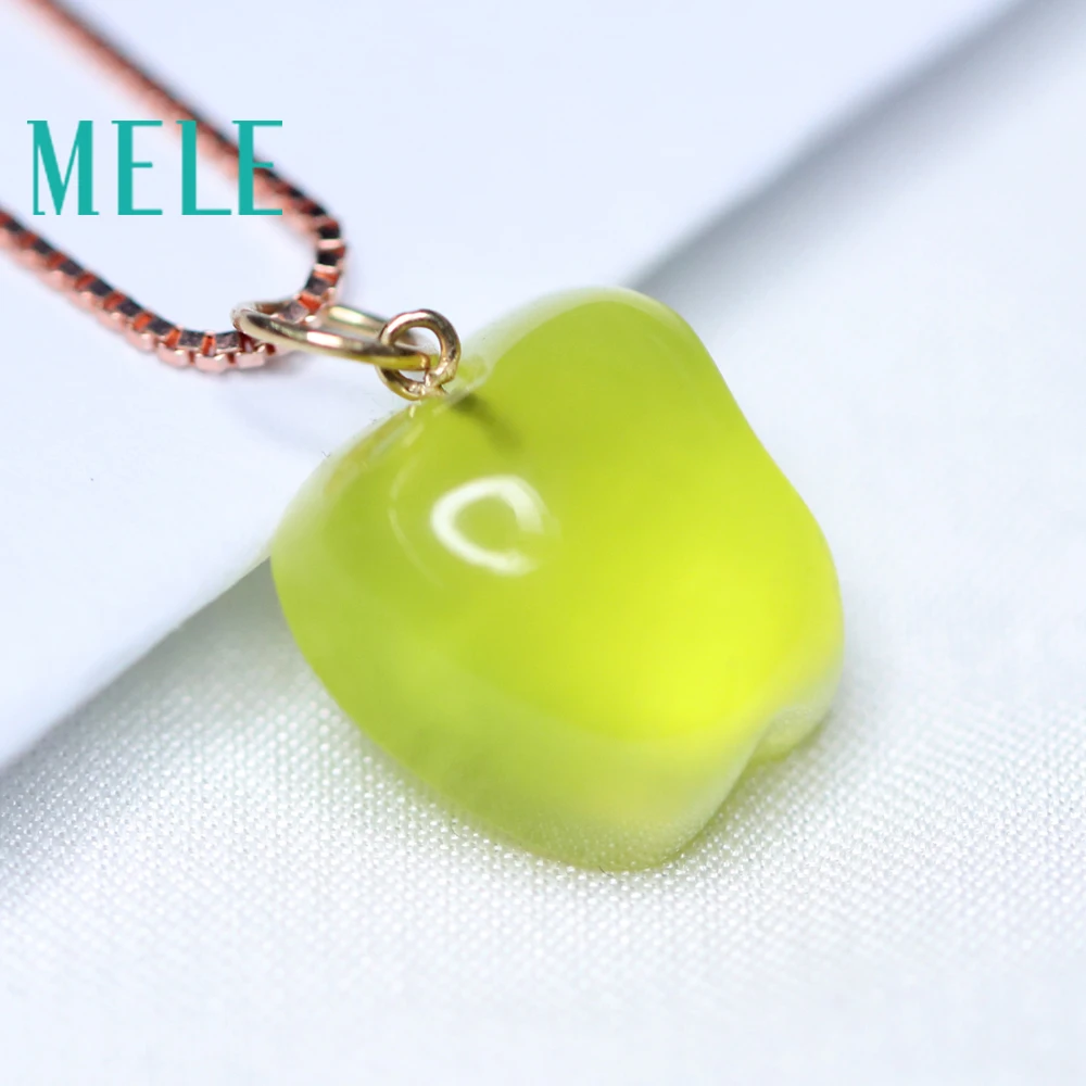 Natural yellow prehnite 18k real gold pendant for women and man,16X12mm apple shape gemstone fashion and simple Grape stone