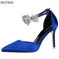 Luxury Big Crystal Buckle Women Sandals 2022 Summer Solid Silk Pointed Woman Pumps Shallow Party Sexy High Heel Lady Bride Shoes