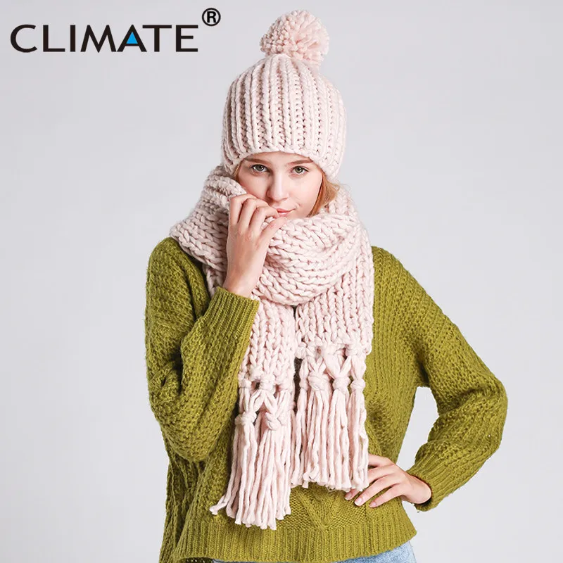 CLIMATE Women Winter Scarf And Hat Set Winter Girls Lady Warm Knit Pompom Beanie Bonnet Hat Scarf Set Hat And Scarf Winter Set