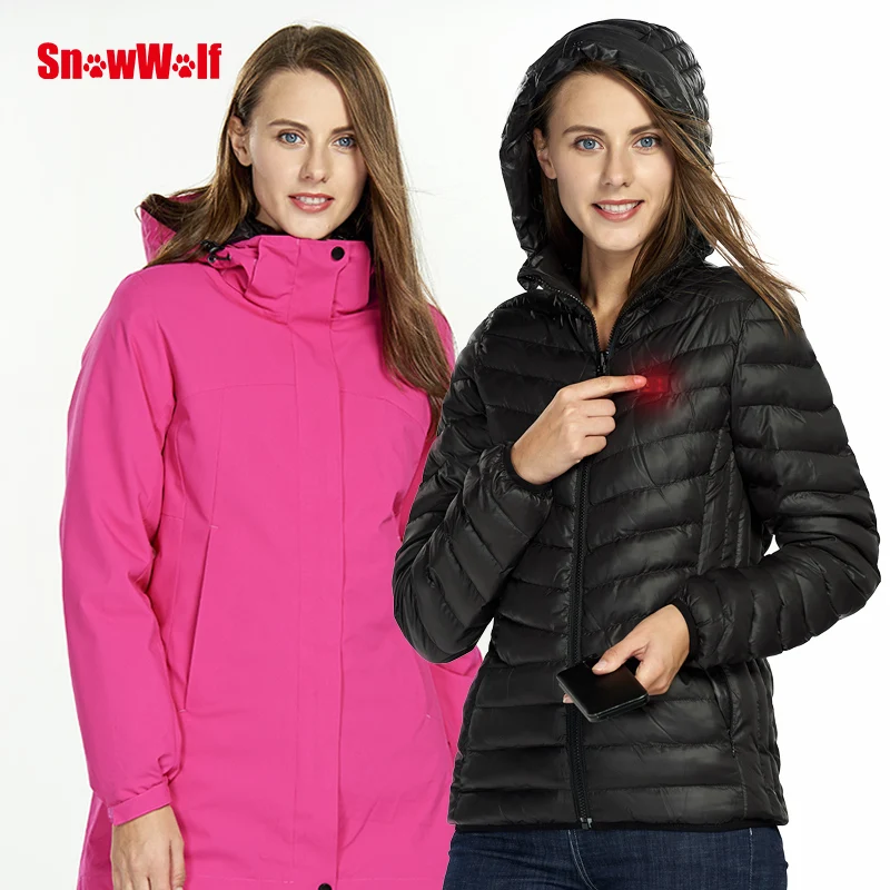 Snowwolf  Women Winter Outdoor Ski Suit USB Infrared Heating Hooded Ski Jacket Electric Thermal Snowboard Clothing Coat