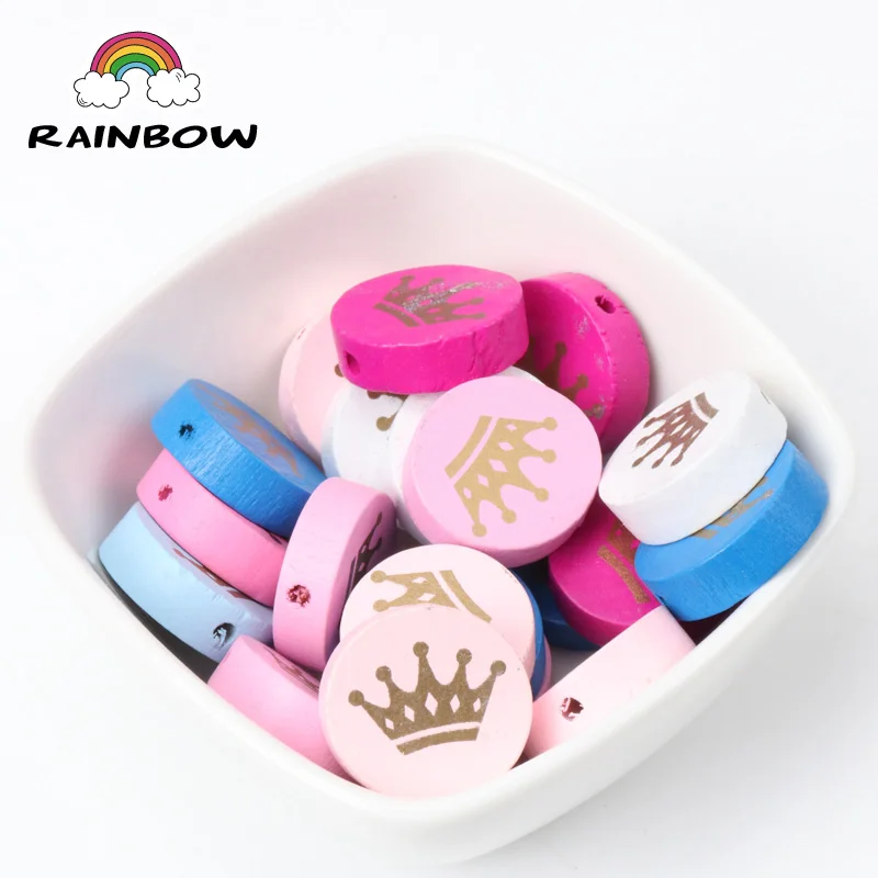 Mixed Colors Crown Pattern Round Wooden Material Spacer Beads For Jewelry Making DIY 20mm 20pcs