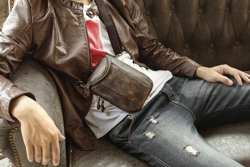 New Quality Leather men Casual Fashion Small Shoulder Messenger Bag Designer Hook Fanny Waist Belt Pack Cigarette Case 611-25-d