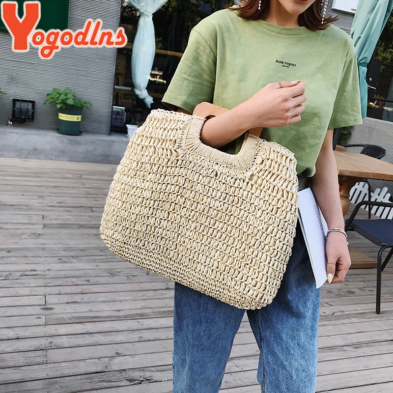 Yogodlns Casual Large Capacity Straw Beach Bag Wooden Handle Handbag Women Handmade Woven Bag Lady Casual Purses Summer Balii