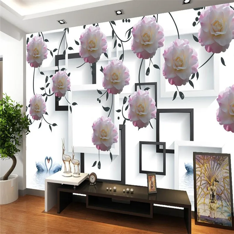 

beibehang Mural for Living Room Swan Peony Grid Meticulous De Pared Wallpaper Hotel Bad room Modern Background Large Painting