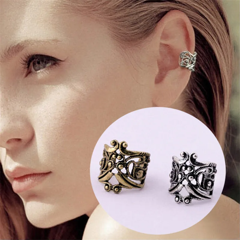 New Vintage Hollow Carved Flower U-Shaped Ear Cuff Clip Earring Men Female Ear Bone No Pierced Boucle d'oreille Jewelry Gift