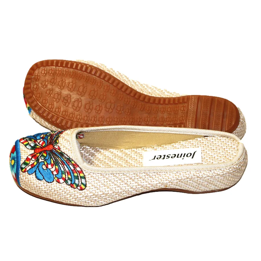 Women Canvas Slippers Embroidery Women\'s Slides Ethnic Style Leisure Slides Round Toe Casual Shoe Ladies Slip-on Beach Sandal