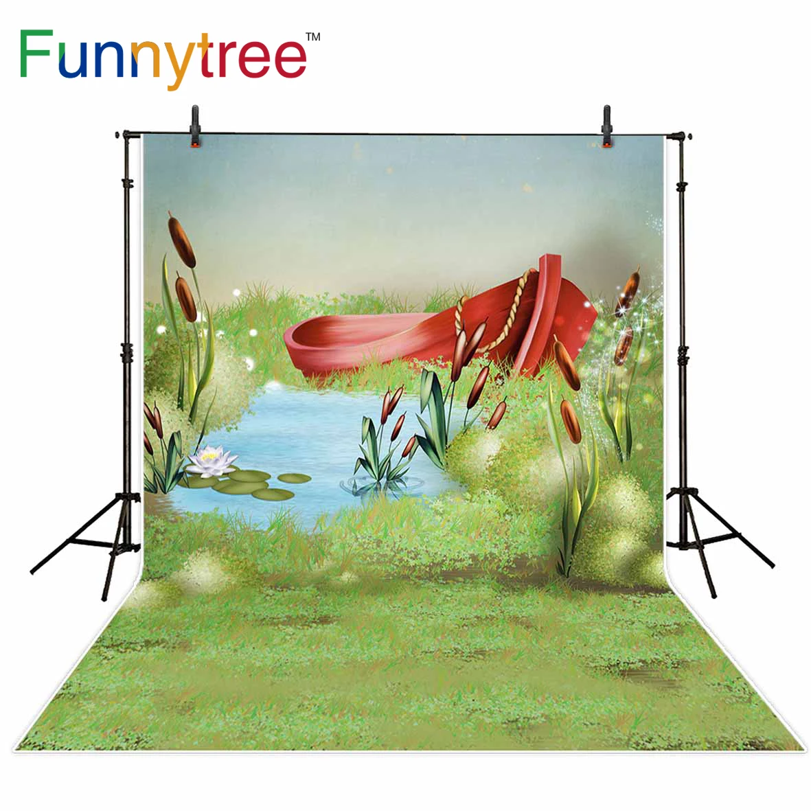 Funnytree photography backdrop watercolor spring green grass red ship river kids fariy tale background photobooth photocall