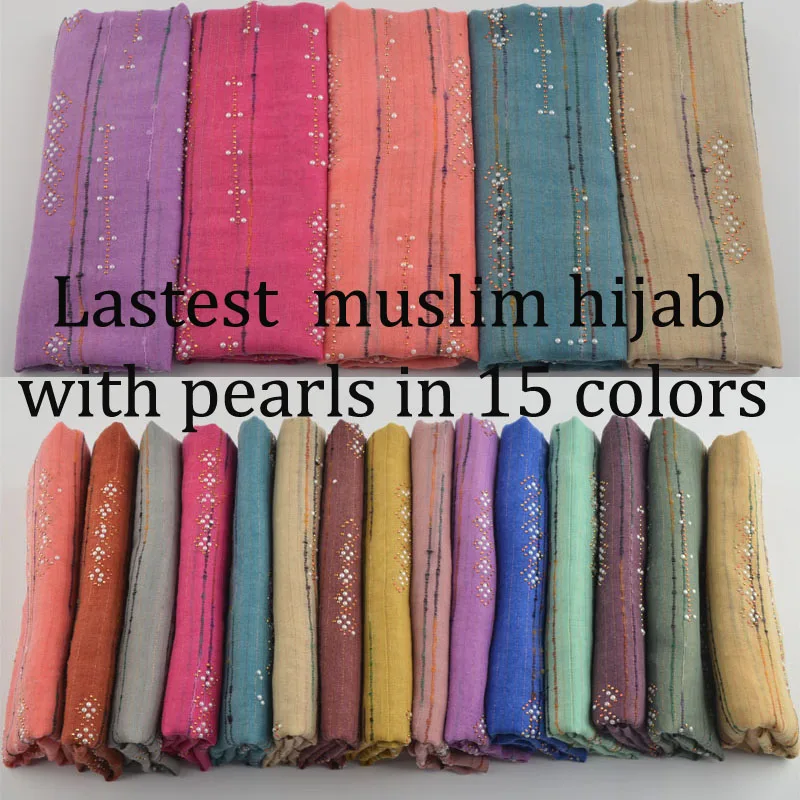 Hijab planície com pérolas e Studs,Stripe Head Scarf, Xales Lurex e lenços, Paillette estolas com Studs Thread, Hijab muçulmano, Novo