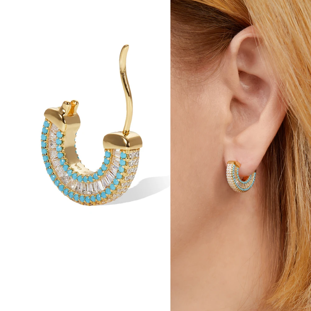 Luxury Women Jewelry blue turquoises stone square cubic zirconia CZ trendy classic hoop earring