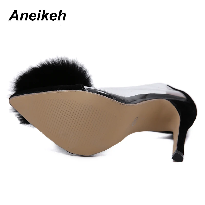 Aneikeh Clear PVC Transparent Pumps Slip-On Thin Heel High Heels Point Toes Womens Party Shoes Nightclub Pumps Black Size 35-40