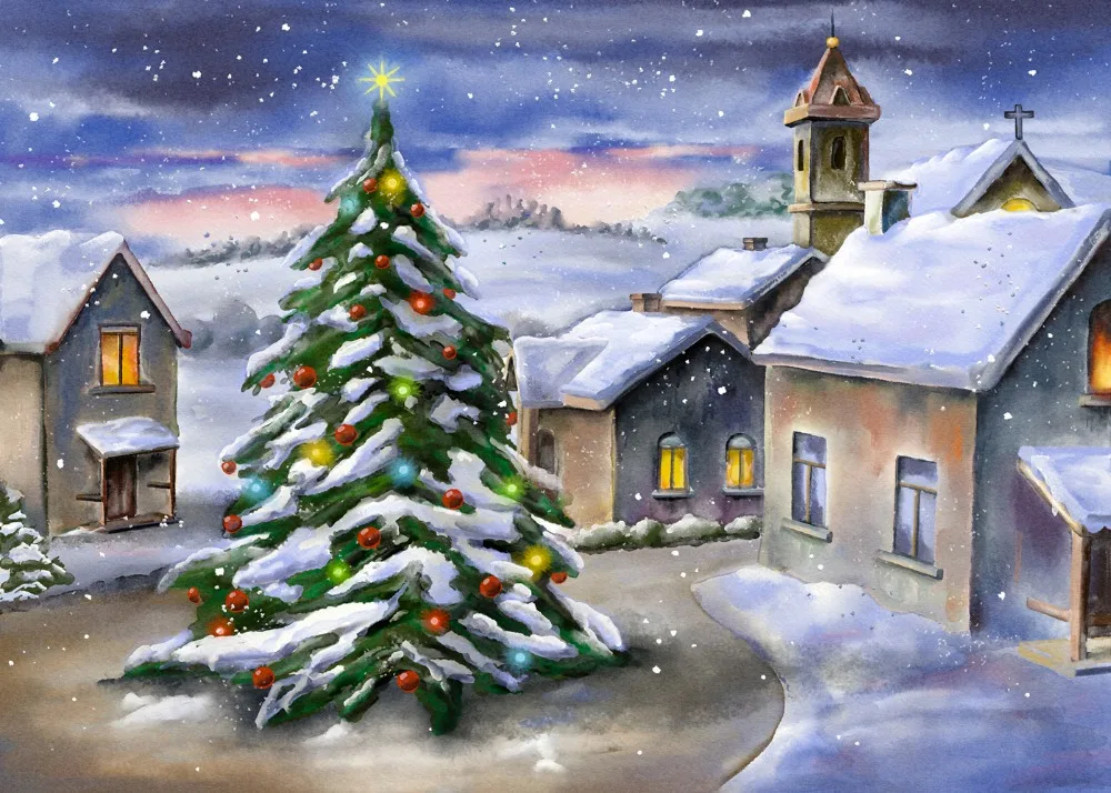 Фон для фотосъемки с изображением рождественской елки каписко для маленьких детей с изображением домов сосновых деревьев церкви зимнего снега