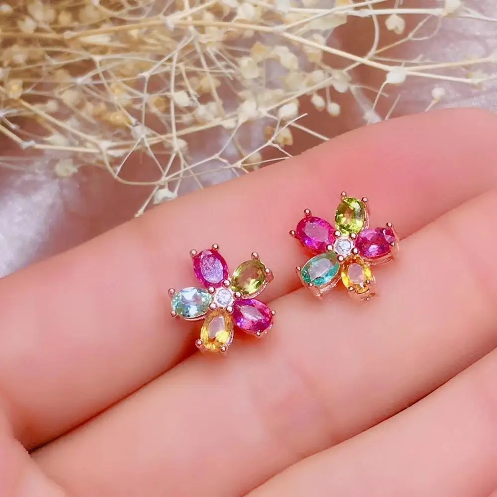 

Natural tourmaline stud earrings, colorful gemstones, flashing starlight, 925 silver, precision manufacturin