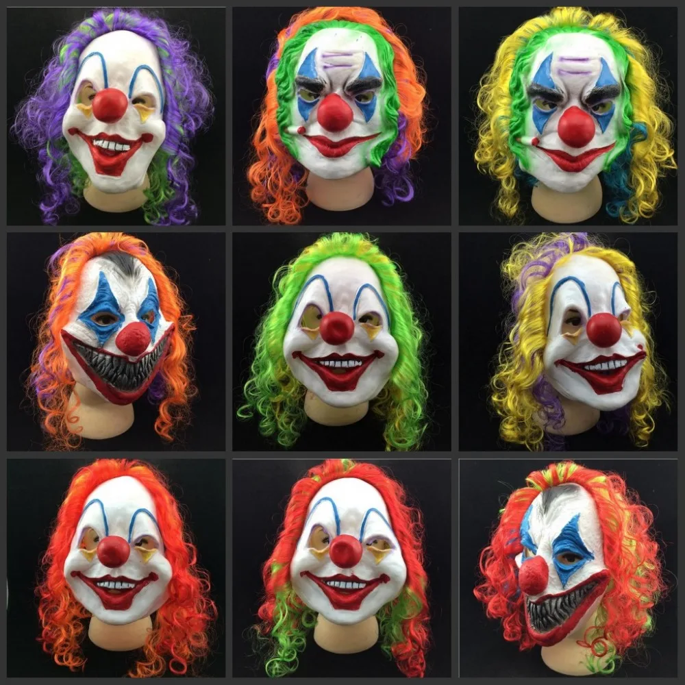 New Clown Mask Long Curl Colorful Hair Latex Mask Carnival Halloween Mask Masquerade Party Costume free shipping