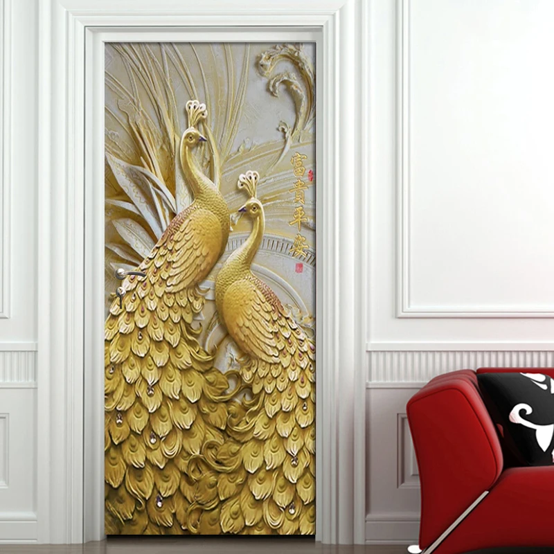 

Door Sticker Modern Embossed Golden Peacock Wallpaper Living Room Bedroom Home Decor Wall Decals PVC Self-Adhesive Wall Stickers