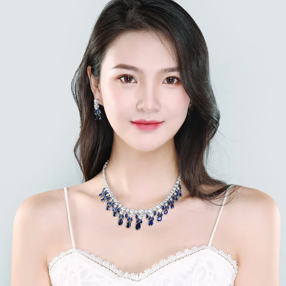 Luxury Blue Red Clear AAA Zirconia Wedding Jewelry Sets CZ Stone Choker Necklace and Earrings Sets Bridal Jewelry Sets for Women