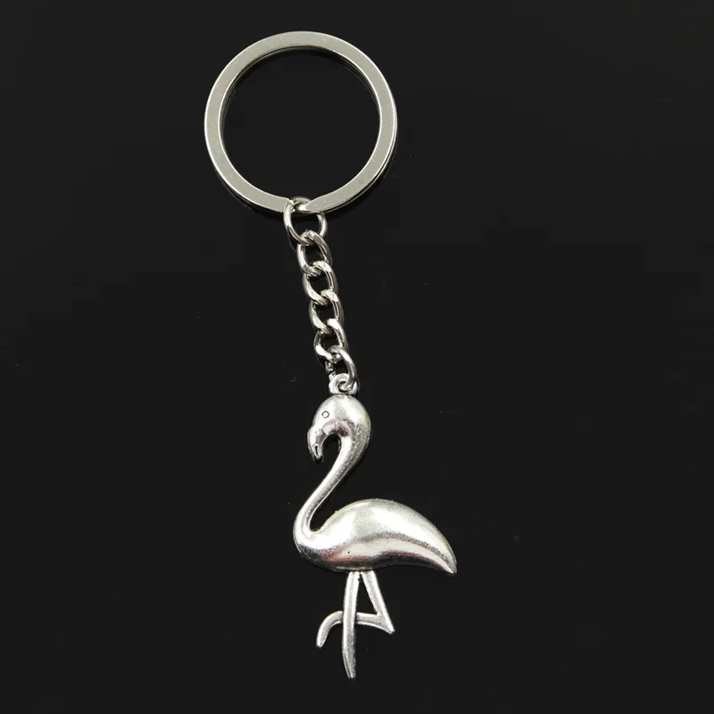 Fashion 30mm Key Ring Metal Key Chain Keychain Jewelry Antique Bronze Silver Color Single Stand Crane Flamingo 25x46mm Pendant