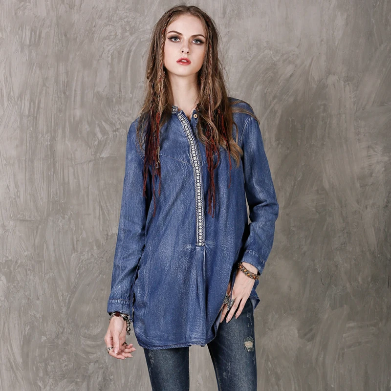 Vrouwen Blouses 2017 Yuzi. kan Boho Nieuwe Denim Blusas Feminina Lange Mouwen O-hals Borduurwerk Losse Gewassen Shirt Vrouwen B9131 TOPS