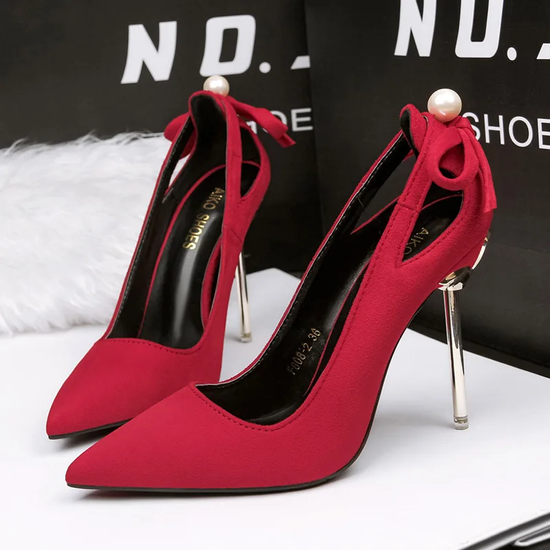 Women Pumps Flock Pointed Toe fashion mouth Hollow Bow 10CM Thin heel Fashion Dress Office Shoes