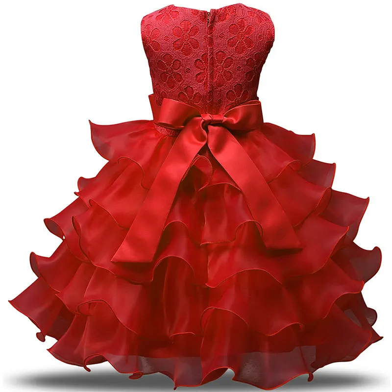 1-7 Years Red Summer Party Girls Dress Tulle Lace Children Dress Bead O-neck Party Ball Gown Wedding Dress