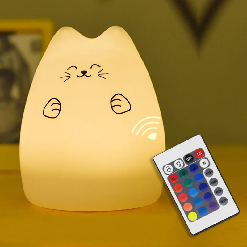 참신한 야간 조명, 새로운 다채로운 LED 야간 조명, 귀여운 고양이 스타일 실리콘, 먼 제어, 터치 센서 조명, 홈 장식, 2019