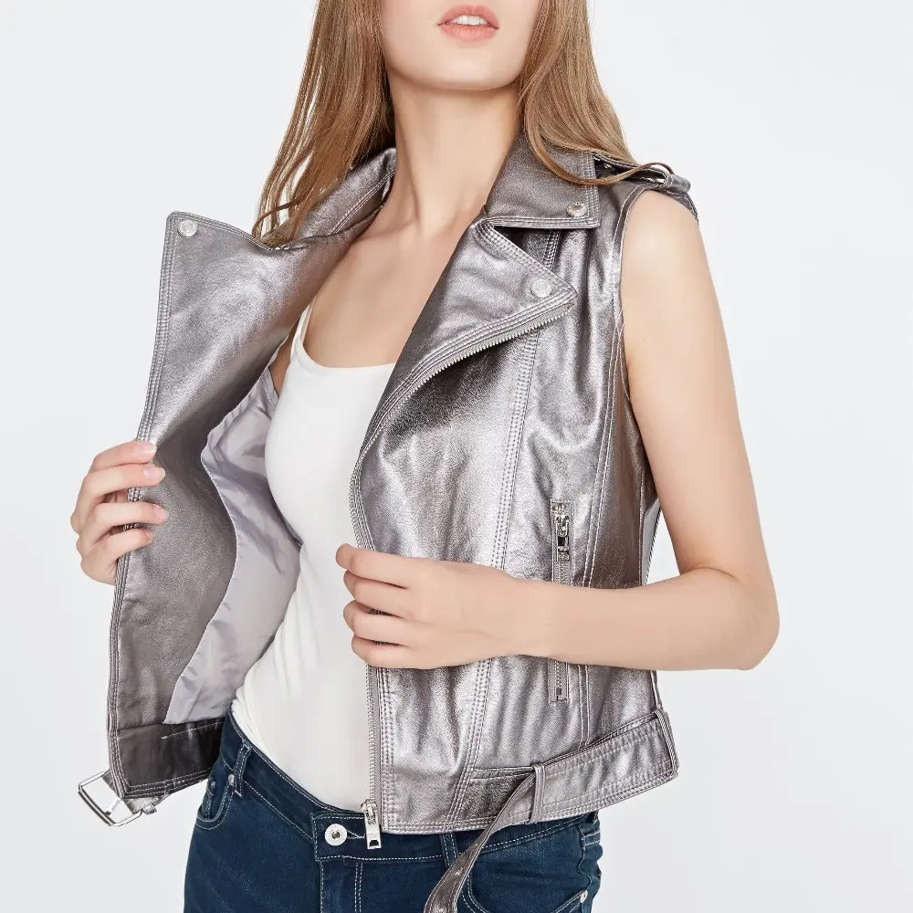 Cuoio del Motociclo delle donne Cuoio DELL'UNITÀ di elaborazione Femminile di Modo Della Maglia Senza Maniche Giacca Taglia XL Turno Collare Tasche del Panciotto Delle Signore cappotto