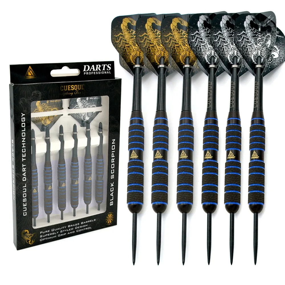 CUESOUL Blue 20g/22g/24g Steel Tip Black Coated Brass Dart Set - Pack of 6 Pcs