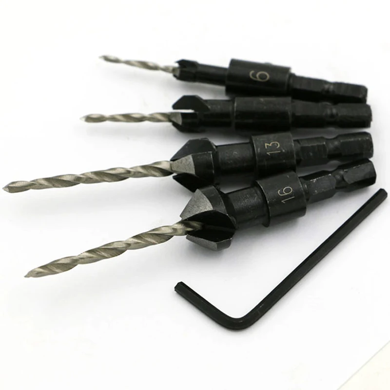 4PCS Countersink เจาะชุด Bit ช่างไม้ Quick Change Hex Shank #6 #10 #13 #16 ไม้เครื่องมือเจาะ E4