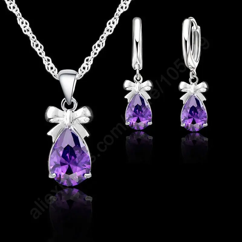 New Gift With Shiny Purple Cubic Zirconia Lever Back Earring Pendant Necklace Woman Jewelry Set