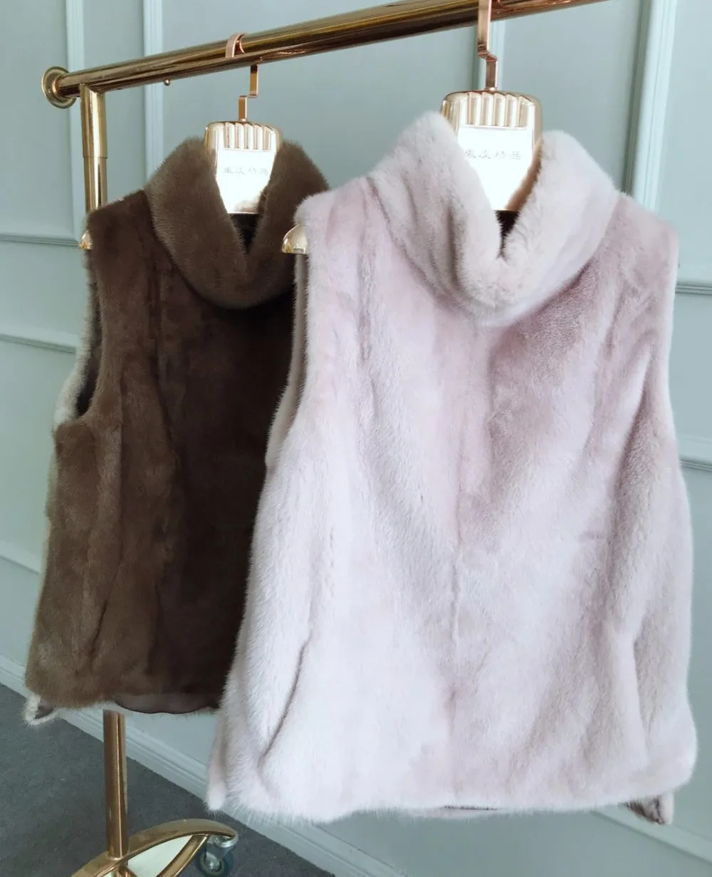 2024 New Real Mink Fur Vest Women Regular Overhead  Coat High Collar Winter Warm Thick  Whole Mink Fur  Bows Jacket