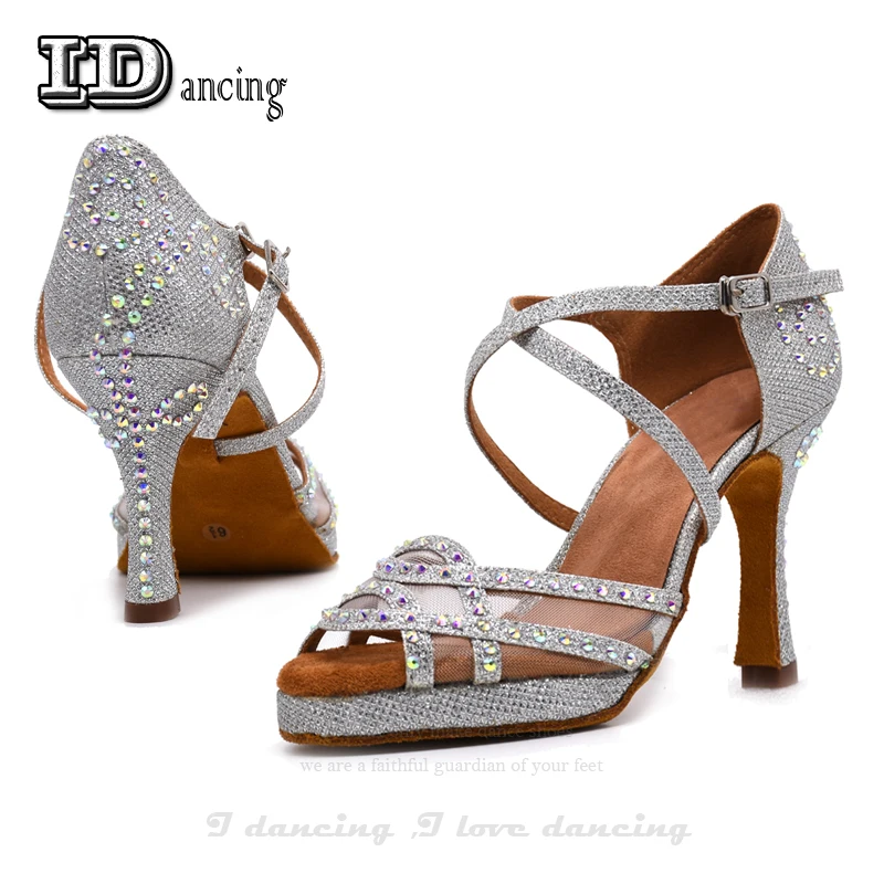 Women Latin Dance Shoes Tango Dance Shoes Rhinestone Wedding Shoes Salsa Shoes with Platform Black High Heel JuseDanc