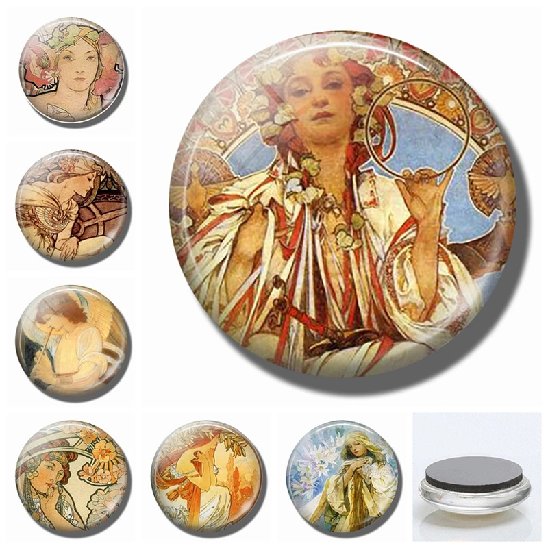 Alphonse Mucha's Art Nouveau Refrigerator Magnets  Glass Dome Ornaments  Magnetic Stickers  Vintage Home Decor  30mm