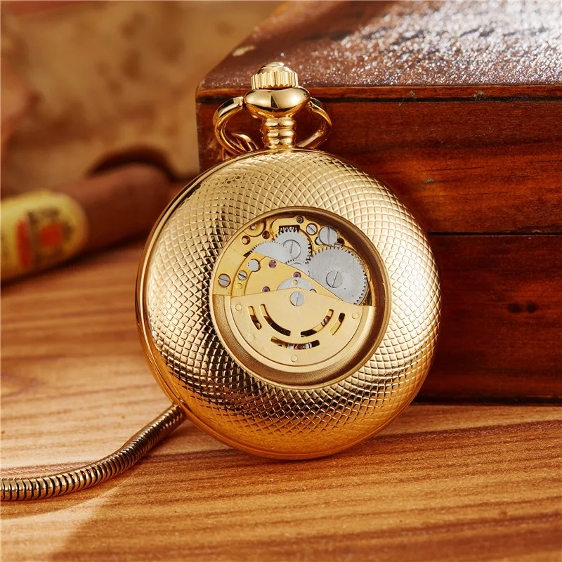 Luxury Skeleton Mechanical Pocket Watch Mens Fob Chain Golden Automatic Self-winding Women Men Watch Gift Clock Top