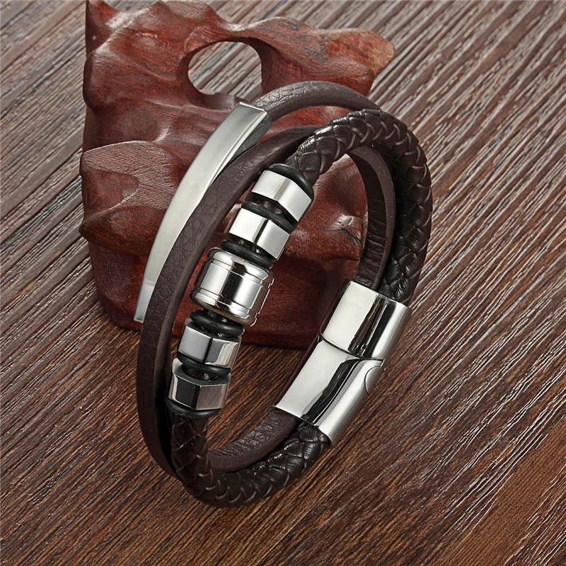 High Quality Men Stainless Steel Bracelet Simple Magnetic Buckle Leather Bracelet Handmade Multilayer Ladies Bracelet Pulseira