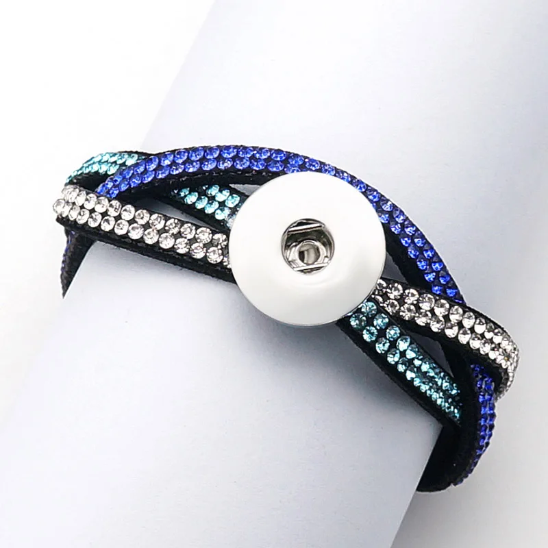 New Fashion 3 layers Crossed Rhinestone velvet Leather snap bracelet 21cm fit 18MM snap buttons jewelry SE0193 wholesale