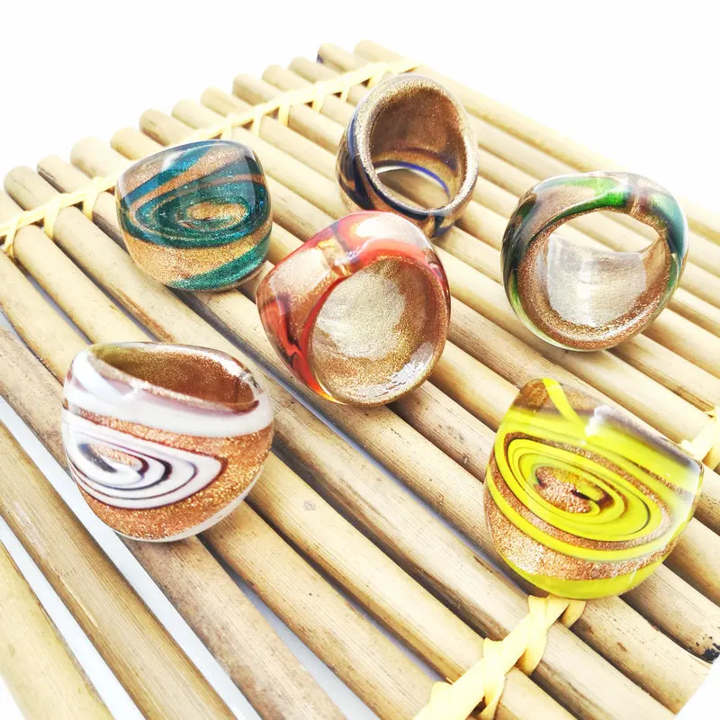 Wholesale 6Pcs Mix Color Lampwork Glass Murano Rings 16-19mm Band Ring