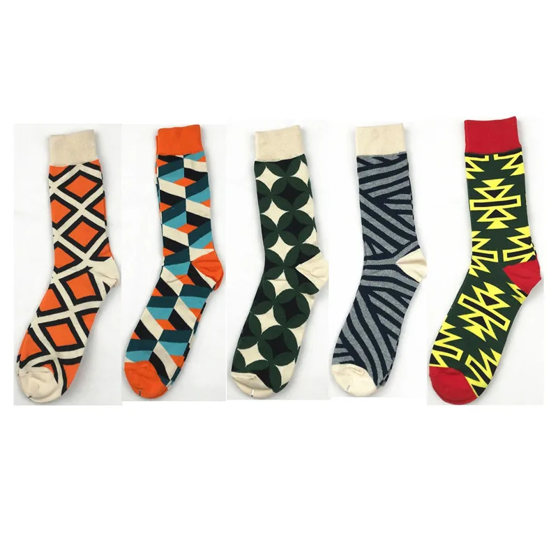 Chaussettes de Skateboard en coton pur pour hommes, 5 paires/lot, nouvelle couleur géométrique, Tube, drôle, Happy Socks, Style ethnique