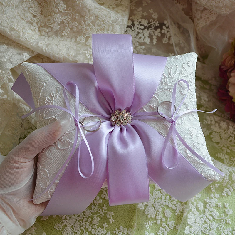 Lavender Purple Ribbon Ring Pillow Cushion, Big Bowknot, Glisten Rhinestone Ring Pillow, Bride Wedding Decoration