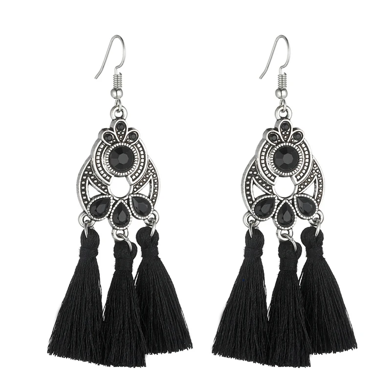 Fashion Bohemian Crystal Tassel Earrings Black White Blue Red Pink Silk Fabric Long Drop Tassel Earrings For Women Jewelry Gift