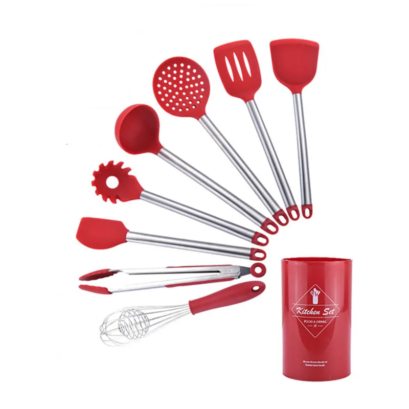 Stainless Steel+Silicone Cooking Utensil Kitchen Tools Turner Soup Spoon Strainer Pasta Server Egg Beater Spatula Food Tongs Red