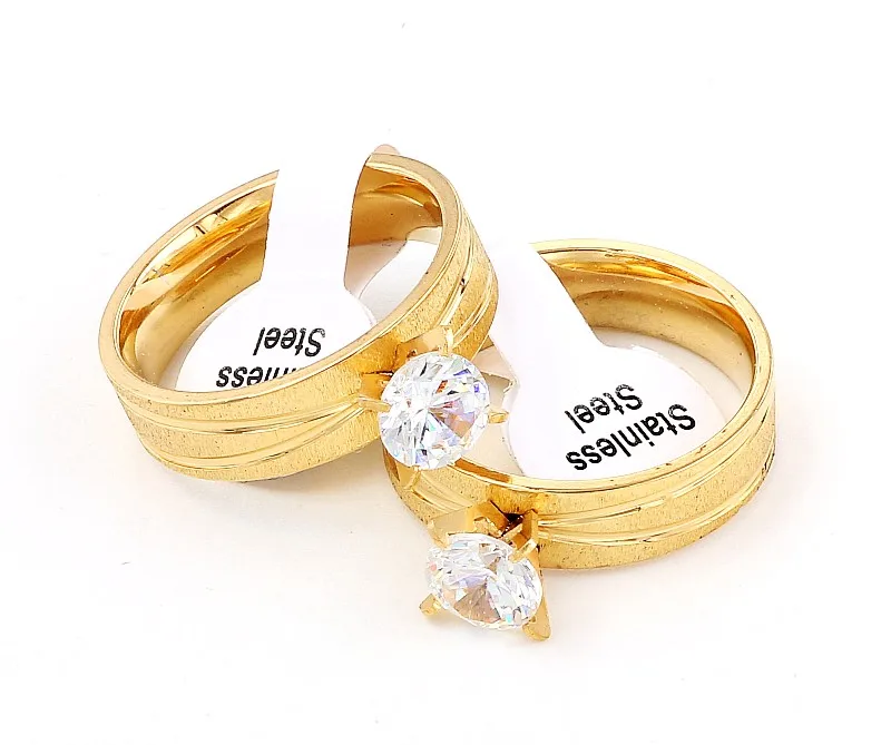 Wholesale Lots Job 5Pcs Golden Crystal CZ Stone 316L Stainless Steel Ring Engagement Wedding Party Bride Xams Gift 17-21MM