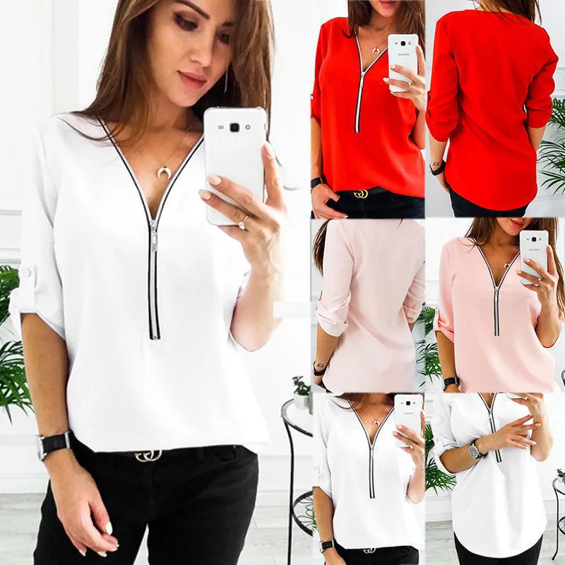 Chiffon Ladies V-Neck Zipper Blouse T-Shirt Top Loose Casual Female Women Solid Long Sleeve Blouse Shirt Pullover Top Plus Size