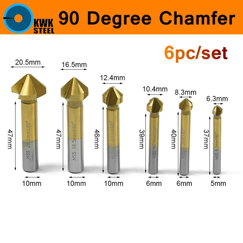 

Chamfer Countersink Bits HSS 90 Degree Wood Chamfering Cutter 6pc/set High Speed Steel End Mill Cutter Bit 6-19mm Titanium Coat