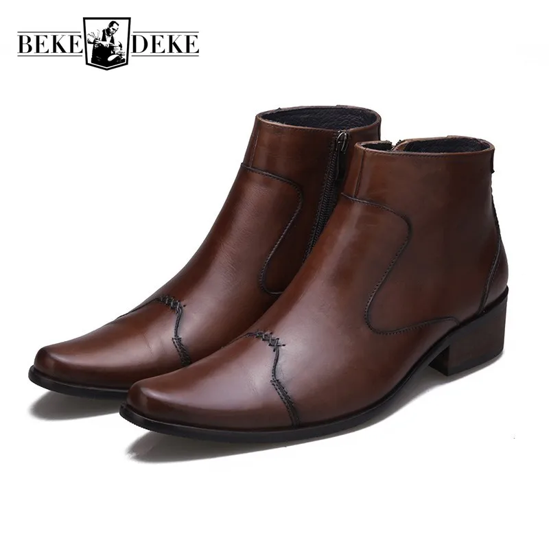 Italian Business Men Pointed Toe Block Med Heels Formal Ankle Boots Luxury Genuine Leather Office Work Safety Shoes  Boots