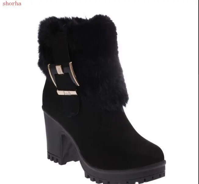 Fashion Women Casual Platform Female Suede Buckle Short Ankle Boots Shoes Block High Heels Winter Warm Faux Fur Snow Boots