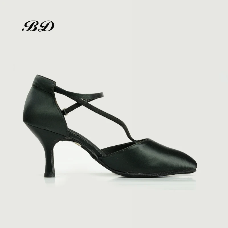 Factory Outlet Top Dance Shoes Ballroom Women Latin Shoes BD 188 Jazz Modern BLACK SATIN HEEL 7.5 CM Foot Care Design Laces HOT